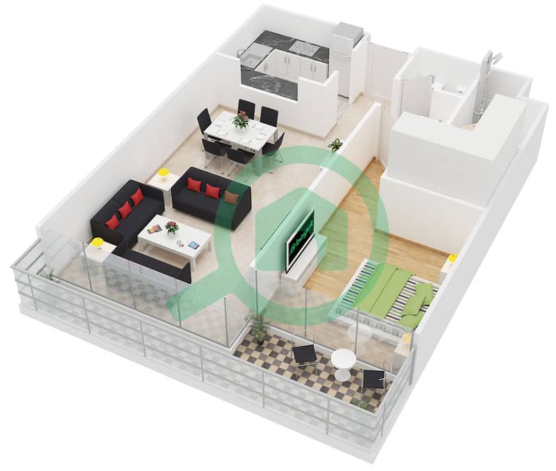 المخططات الطابقية لتصميم النموذج BR-3 شقة 1 غرفة نوم - باي سكوير 1 interactive3D