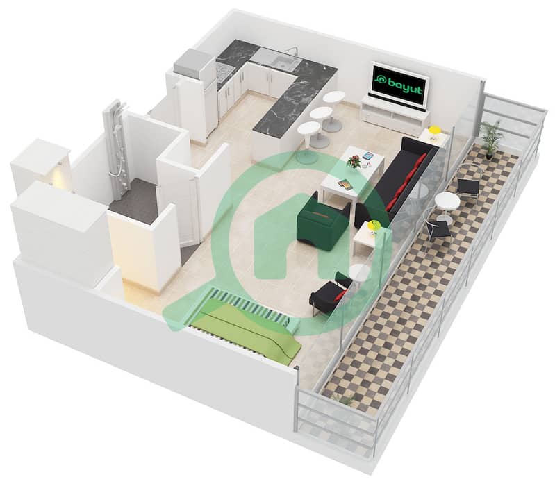 المخططات الطابقية لتصميم النموذج ST-2 شقة استوديو - باي سكوير 1 interactive3D