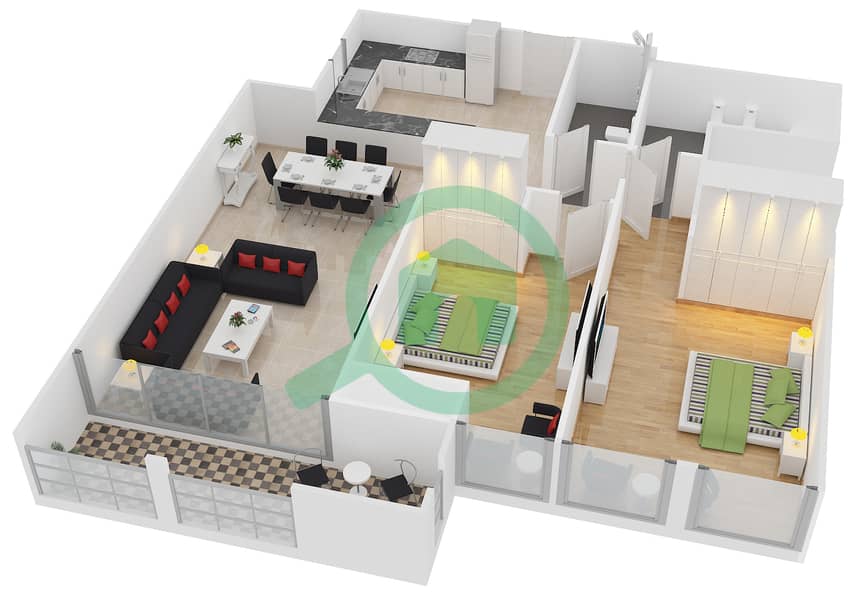 المخططات الطابقية لتصميم النموذج B شقة 2 غرفة نوم - برج تشرشل السكني interactive3D