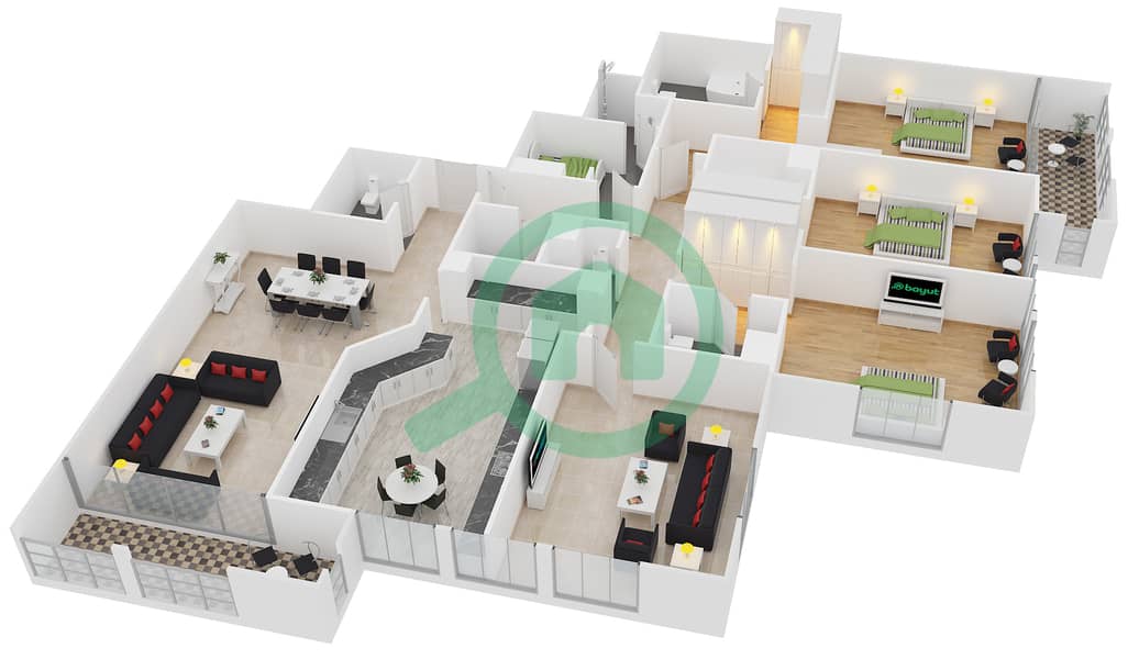 丘吉尔公寓 - 3 卧室公寓类型A戶型图 interactive3D