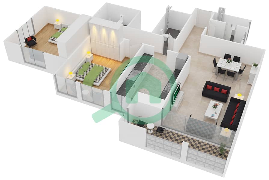 المخططات الطابقية لتصميم النموذج A شقة 2 غرفة نوم - برج تشرشل السكني interactive3D