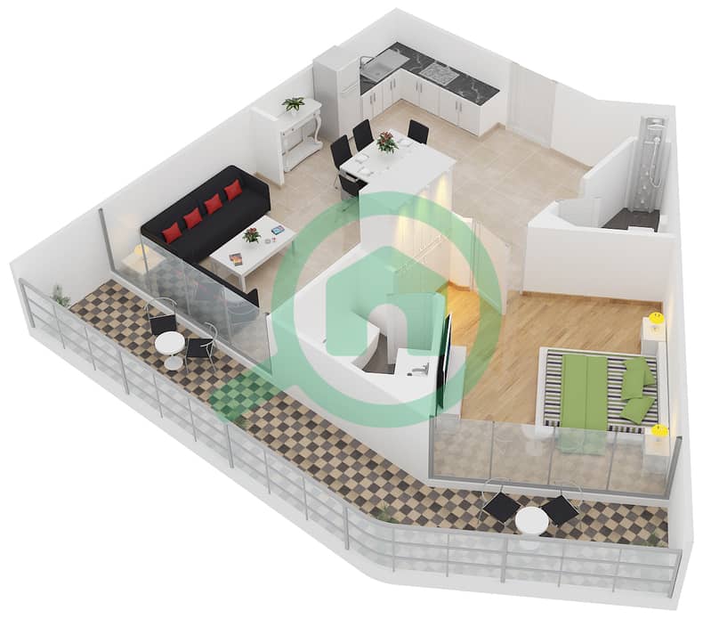 المخططات الطابقية لتصميم النموذج / الوحدة 1A /2 شقة 1 غرفة نوم - بيز من دانوب interactive3D