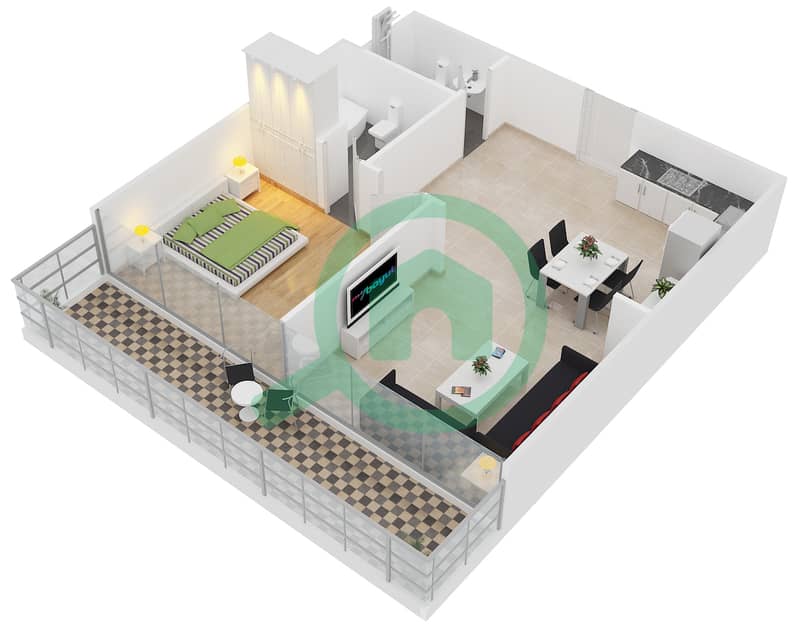 المخططات الطابقية لتصميم النموذج / الوحدة 1B/8 شقة 1 غرفة نوم - بيز من دانوب interactive3D