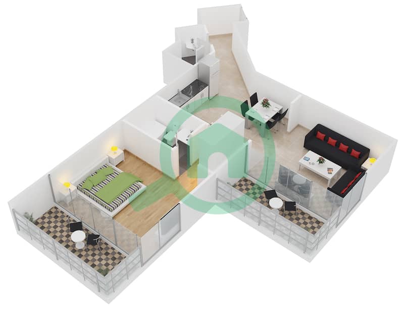 多瑙河畔贝兹大楼 - 1 卧室公寓类型／单位1C/10戶型图 interactive3D