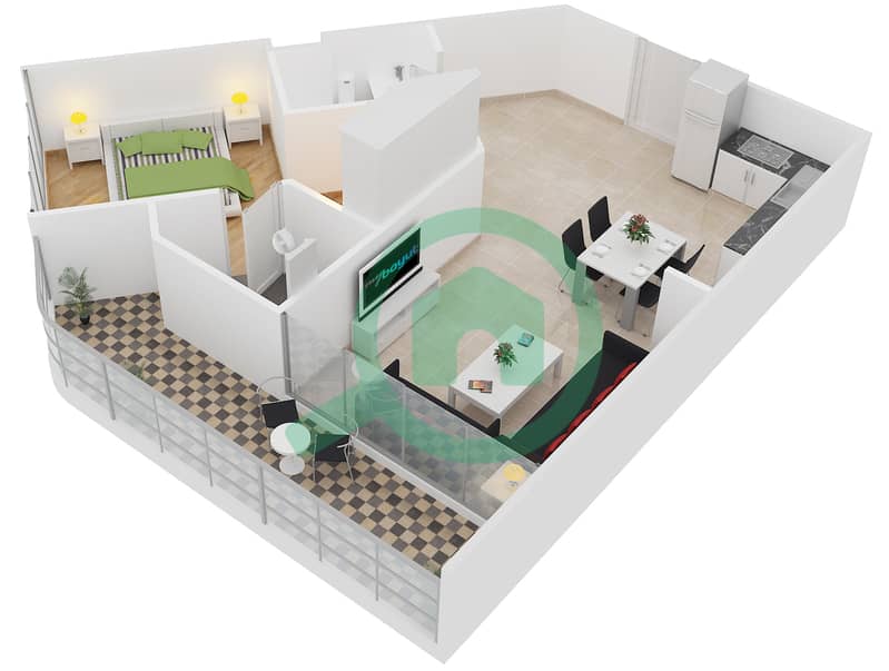 المخططات الطابقية لتصميم النموذج / الوحدة 1D/13 شقة 1 غرفة نوم - بيز من دانوب interactive3D