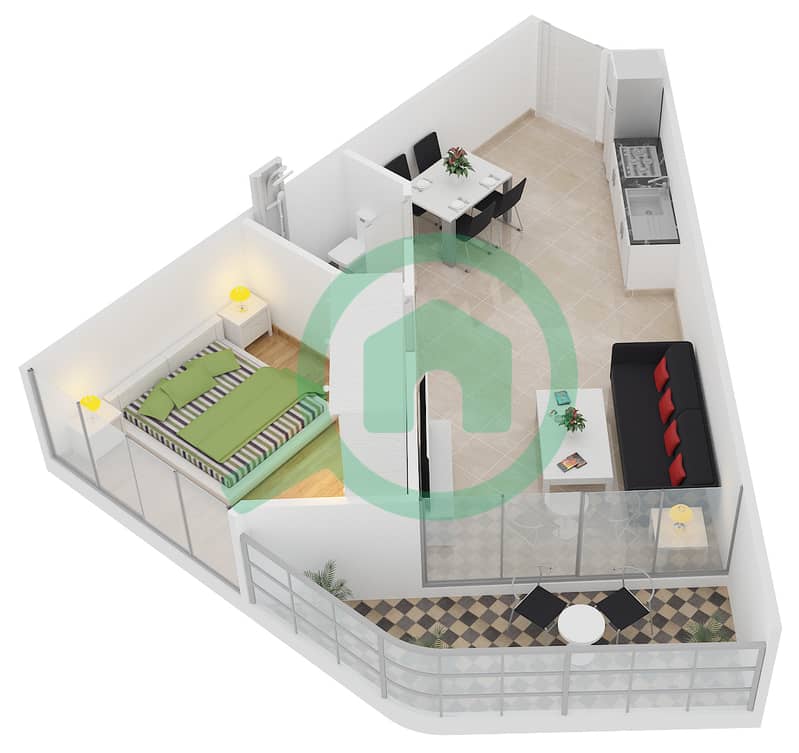 المخططات الطابقية لتصميم النموذج / الوحدة 1E/18 شقة 1 غرفة نوم - بيز من دانوب interactive3D