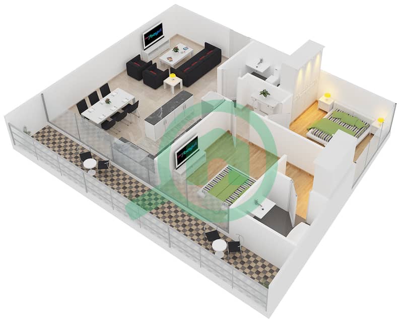 多瑙河畔贝兹大楼 - 2 卧室公寓类型／单位2A/1戶型图 interactive3D