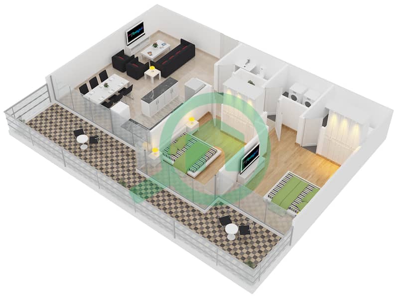المخططات الطابقية لتصميم النموذج / الوحدة 2B/19 شقة 2 غرفة نوم - بيز من دانوب interactive3D