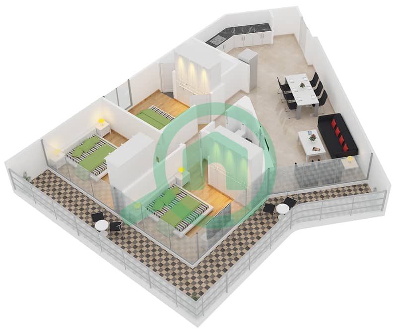 المخططات الطابقية لتصميم النموذج / الوحدة 3A/9 شقة 3 غرف نوم - بيز من دانوب interactive3D