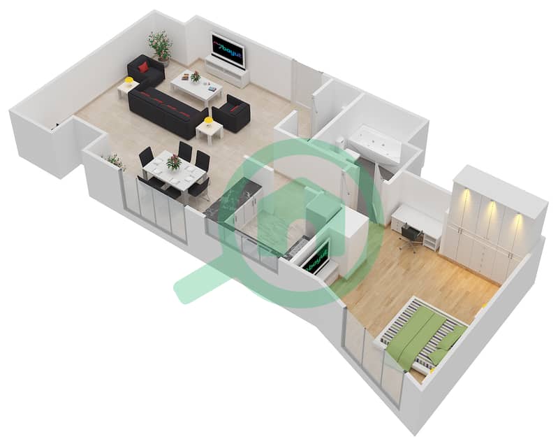 المخططات الطابقية لتصميم النموذج A شقة 1 غرفة نوم - داماك ميزون بايز إيدج interactive3D