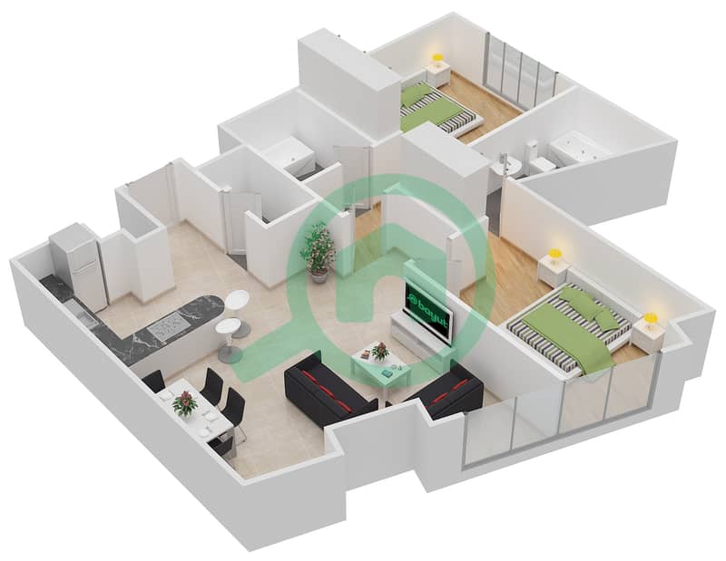 المخططات الطابقية لتصميم النموذج A شقة 2 غرفة نوم - داماك ميزون بايز إيدج interactive3D