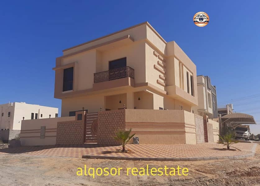 Villa for sale in Ajman, Helio area, two floors, corner of two streets, excellent location, at an attractive price, with the possibility of bank financing