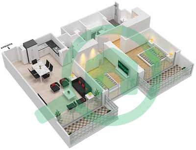 المخططات الطابقية لتصميم الوحدة 1 FLOOR 2-9 شقة 2 غرفة نوم - جراند بلو تاور1
