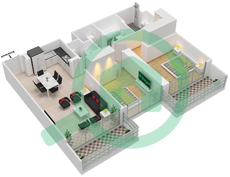 المخططات الطابقية لتصميم الوحدة 1 FLOOR 2-9 شقة 2 غرفة نوم - جراند بلو تاور1 Floor 2-9 image3D