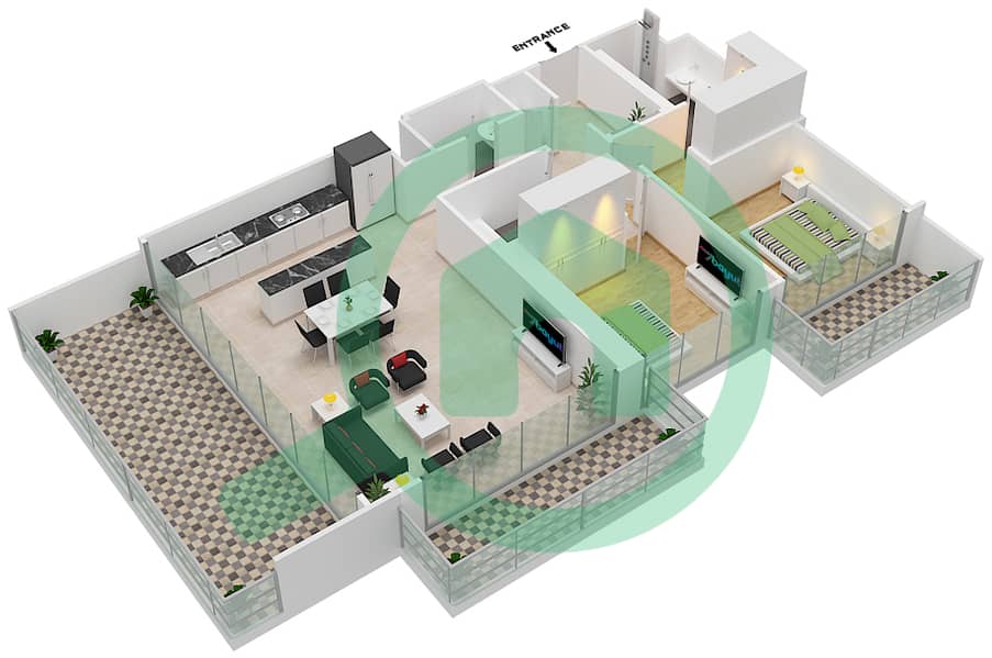 المخططات الطابقية لتصميم الوحدة 2 FLOOR 2-9 شقة 2 غرفة نوم - جراند بلو تاور1 image3D