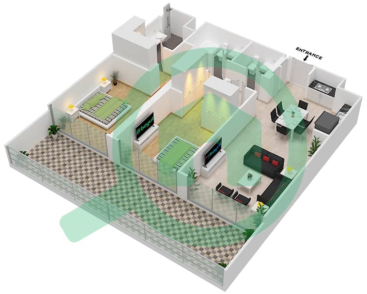 المخططات الطابقية لتصميم الوحدة 3 FLOOR 2-9 شقة 2 غرفة نوم - جراند بلو تاور1 Floor 2-9 image3D