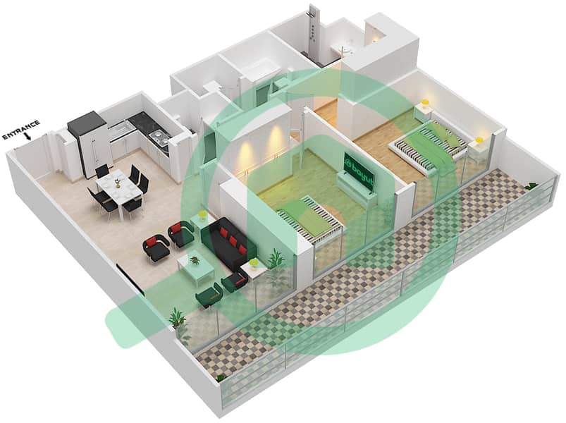 المخططات الطابقية لتصميم الوحدة 5 FLOOR 10-17 شقة 2 غرفة نوم - جراند بلو تاور1 Floor 10-17 image3D
