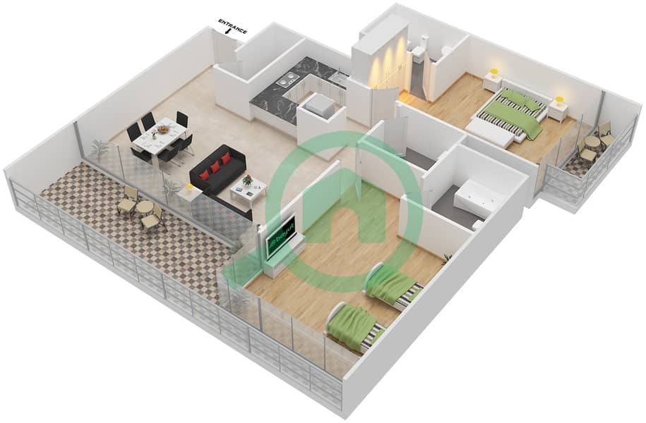 المخططات الطابقية لتصميم الوحدة 11 FLOOR 5,7,13,14 شقة 2 غرفة نوم - أبراج كابيتال باي interactive3D