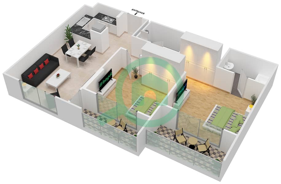 المخططات الطابقية لتصميم الوحدة 2 FLOOR 1-8 شقة 2 غرفة نوم - جينيسيس من ميراكي Floor 1-8 image3D