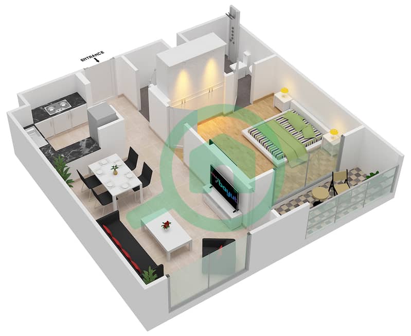 المخططات الطابقية لتصميم الوحدة 3 FLOOR 1-8 شقة 1 غرفة نوم - جينيسيس من ميراكي Floor 1-8 image3D