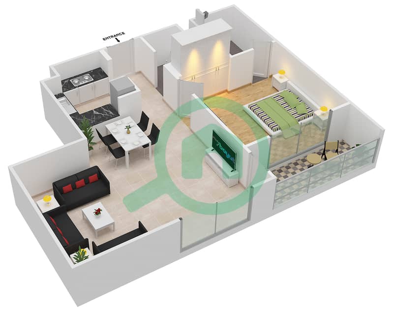 المخططات الطابقية لتصميم الوحدة 4 FLOOR 1-8 شقة 1 غرفة نوم - جينيسيس من ميراكي Floor 1-8 image3D