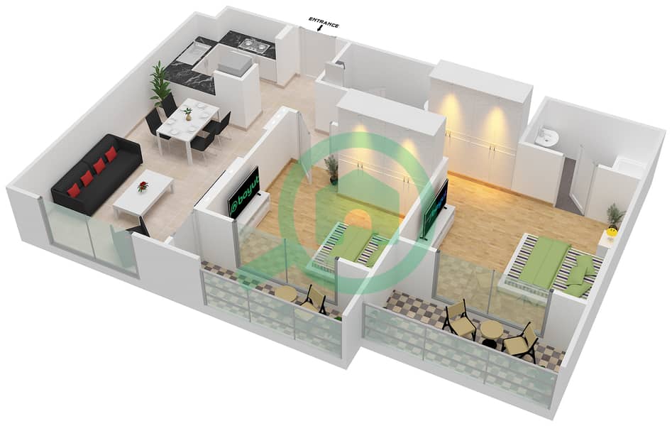 المخططات الطابقية لتصميم الوحدة 6 FLOOR 1-8 شقة 2 غرفة نوم - جينيسيس من ميراكي Floor 1-8 image3D