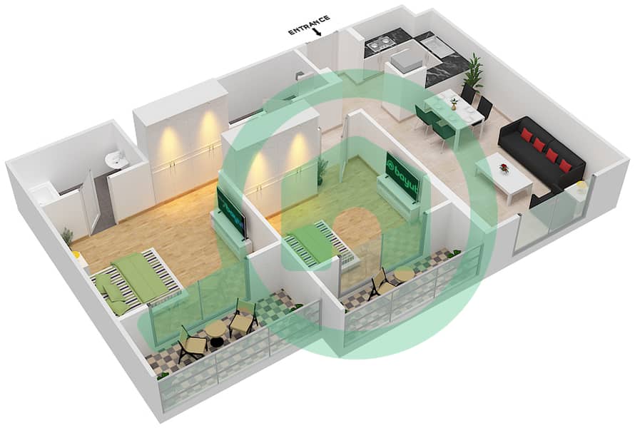 المخططات الطابقية لتصميم الوحدة 9 FLOOR 1-8 شقة 2 غرفة نوم - جينيسيس من ميراكي Floor 1-8 image3D