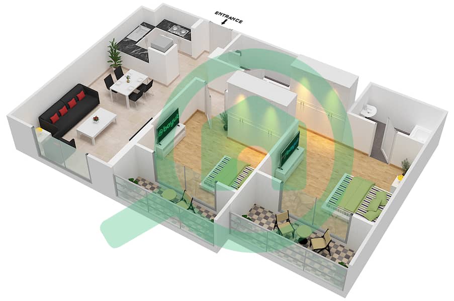 المخططات الطابقية لتصميم الوحدة 13 FLOOR 1-8 شقة 2 غرفة نوم - جينيسيس من ميراكي Floor 1-8 image3D