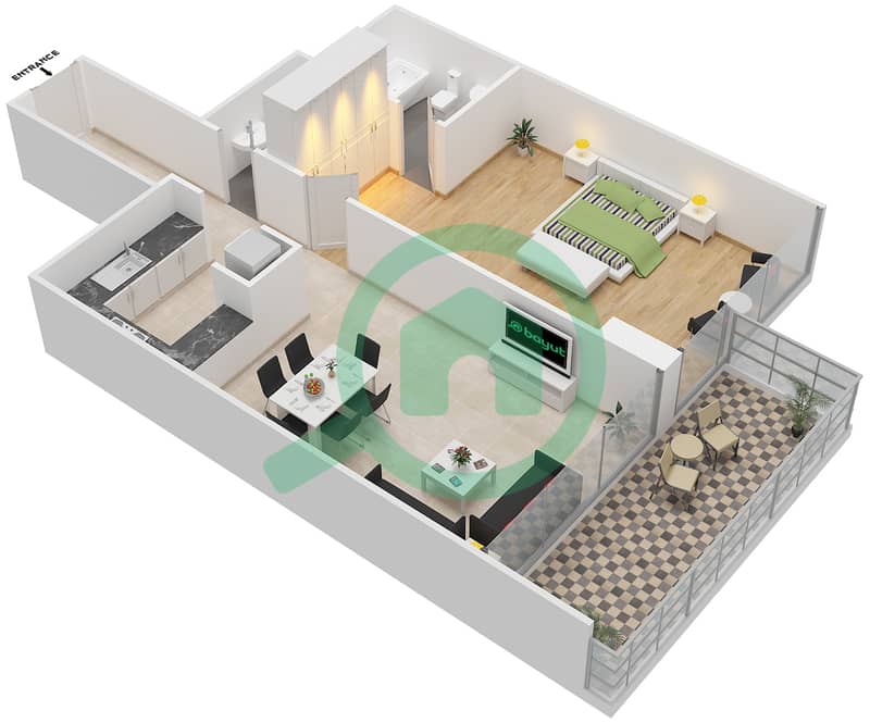 Capital Bay Towers - 1 Bedroom Apartment Unit 02 FLOOR 5,7,13,14 Floor plan interactive3D