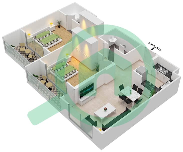 المخططات الطابقية لتصميم الوحدة 14 FLOOR 9 شقة 2 غرفة نوم - جينيسيس من ميراكي Floor 9 image3D