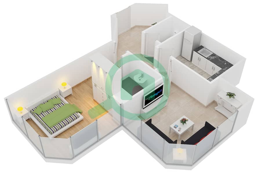المخططات الطابقية لتصميم النموذج 3 شقة 1 غرفة نوم - بوابة دبي الجديدة 1 interactive3D