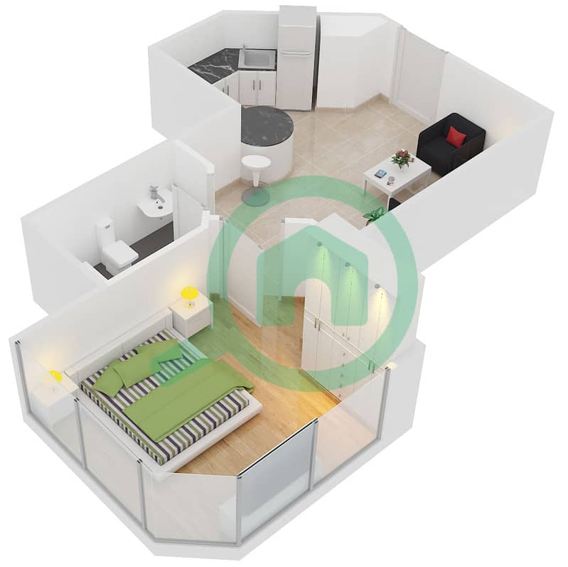 المخططات الطابقية لتصميم النموذج 6 شقة 1 غرفة نوم - بوابة دبي الجديدة 1 interactive3D