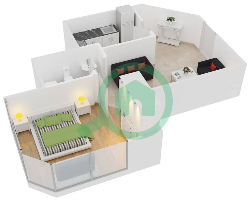 المخططات الطابقية لتصميم النموذج 7 شقة 1 غرفة نوم - بوابة دبي الجديدة 1 interactive3D