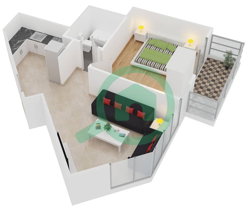 المخططات الطابقية لتصميم النموذج 8 شقة 1 غرفة نوم - بوابة دبي الجديدة 1 interactive3D