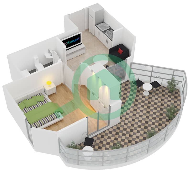 المخططات الطابقية لتصميم النموذج 14 شقة 1 غرفة نوم - بوابة دبي الجديدة 1 interactive3D