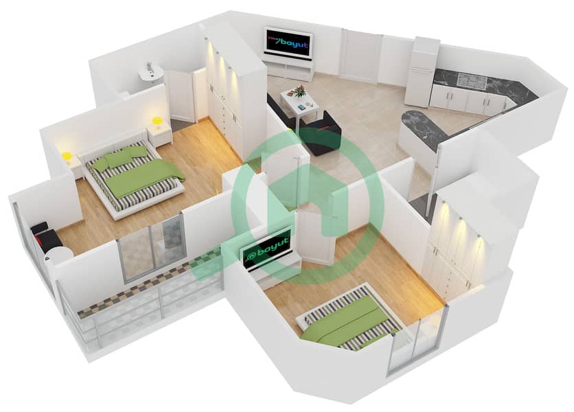 المخططات الطابقية لتصميم النموذج 4 شقة 2 غرفة نوم - بوابة دبي الجديدة 1 interactive3D