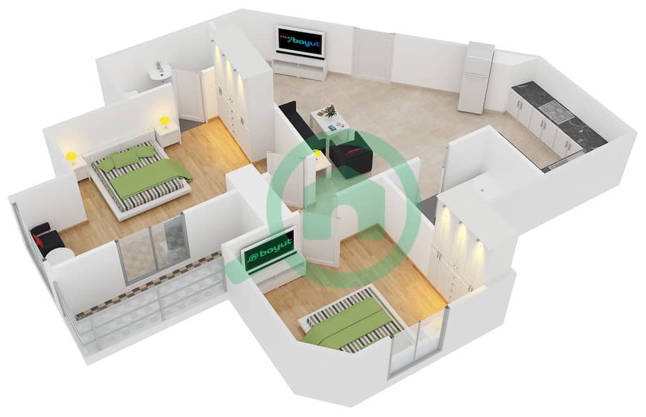 المخططات الطابقية لتصميم النموذج 10 شقة 2 غرفة نوم - بوابة دبي الجديدة 1 interactive3D