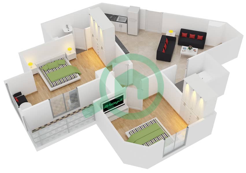 المخططات الطابقية لتصميم النموذج 11 شقة 2 غرفة نوم - بوابة دبي الجديدة 1 interactive3D