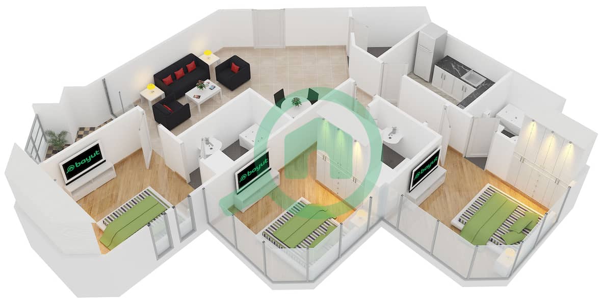 المخططات الطابقية لتصميم النموذج 9 شقة 3 غرف نوم - بوابة دبي الجديدة 1 interactive3D
