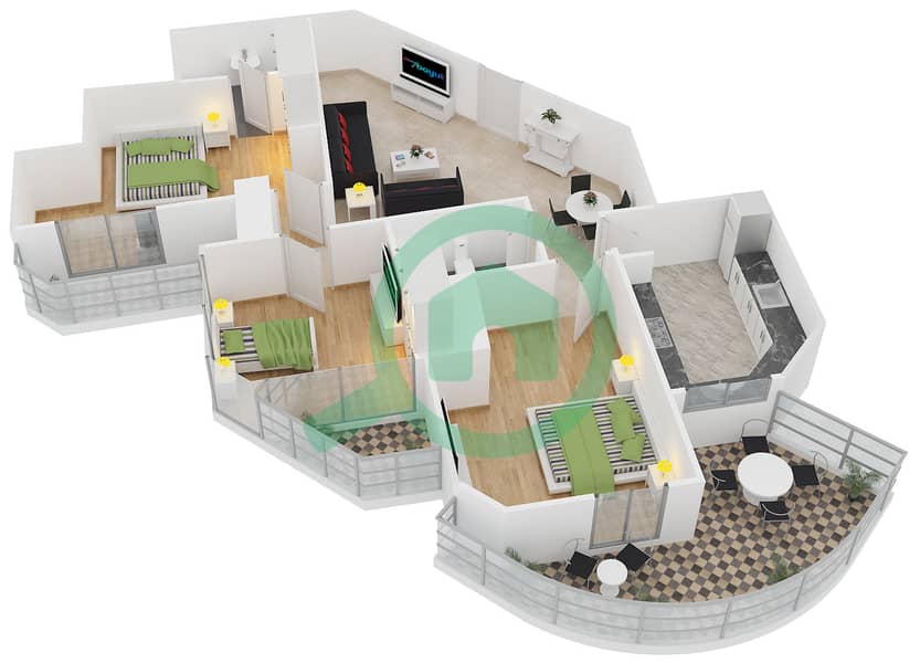 المخططات الطابقية لتصميم النموذج 13 شقة 3 غرف نوم - بوابة دبي الجديدة 1 interactive3D