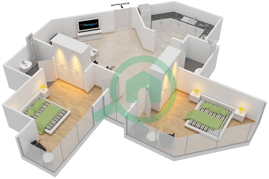 المخططات الطابقية لتصميم الوحدة 12,3 شقة 2 غرفة نوم - بوابة دبي الجديدة 2 interactive3D