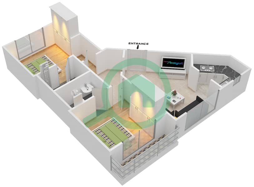 Нью Дубай Гейт 2 - Апартамент 2 Cпальни планировка Единица измерения 8,7 interactive3D
