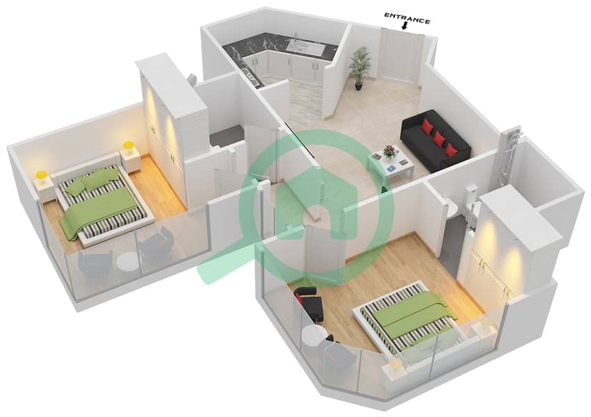Нью Дубай Гейт 2 - Апартамент 2 Cпальни планировка Единица измерения 10,5 interactive3D
