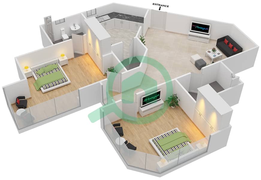Нью Дубай Гейт 2 - Апартамент 2 Cпальни планировка Единица измерения 11,4 interactive3D