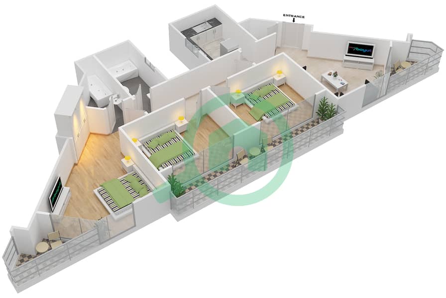 New Dubai Gate 2 - 3 Bedroom Apartment Unit 1 Floor plan interactive3D