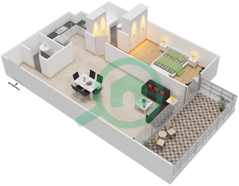 المخططات الطابقية لتصميم الوحدة 04 FLOOR 5,7,13,14 شقة 1 غرفة نوم - أبراج كابيتال باي interactive3D