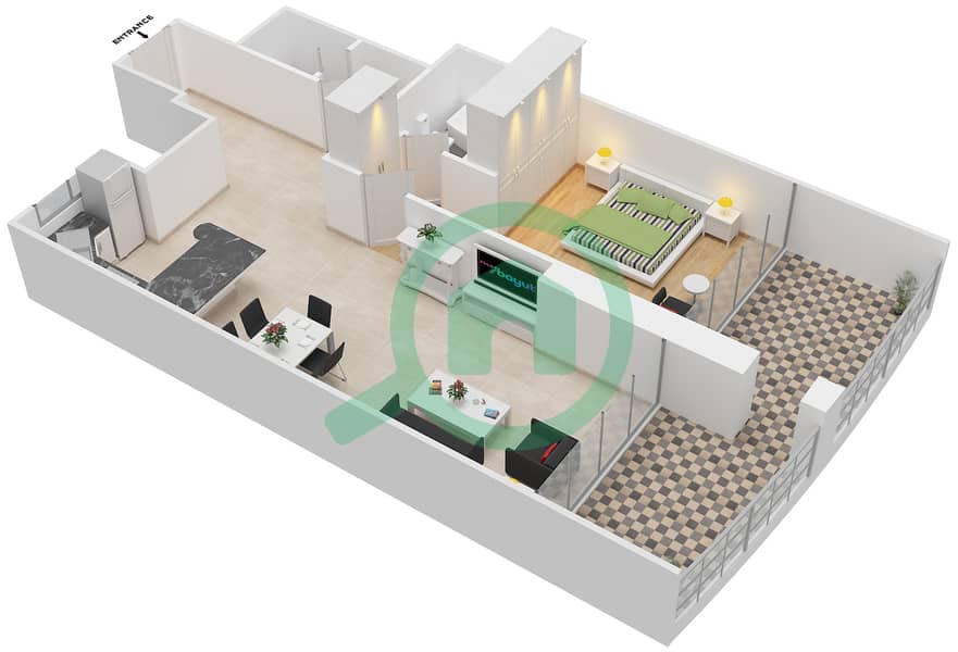المخططات الطابقية لتصميم الوحدة A1 شقة 1 غرفة نوم - مساكن O2 interactive3D