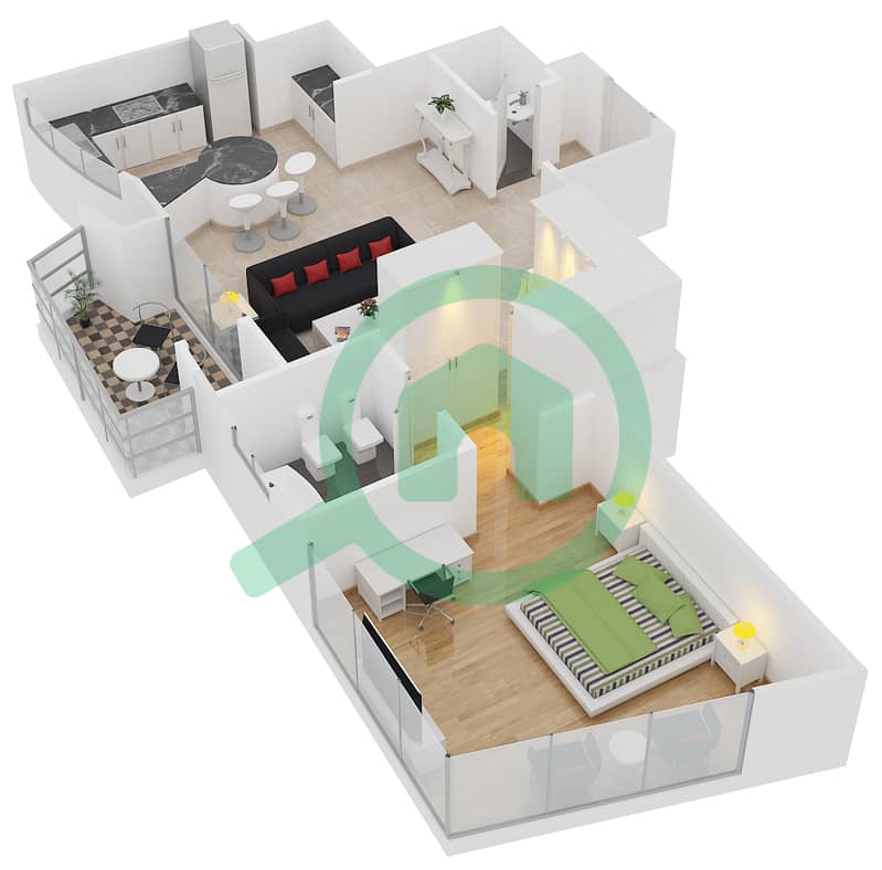 المخططات الطابقية لتصميم الوحدة B2 شقة 1 غرفة نوم - مساكن O2 interactive3D