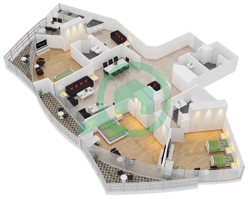 المخططات الطابقية لتصميم الوحدة A6 شقة 3 غرف نوم - مساكن O2 interactive3D