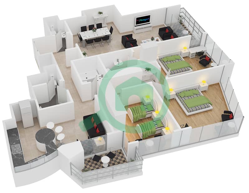 المخططات الطابقية لتصميم الوحدة A8 شقة 3 غرف نوم - مساكن O2 interactive3D